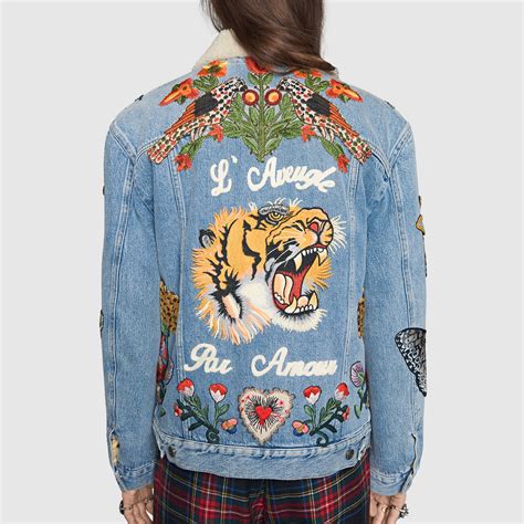 gucci jean jacket tiger|Gucci denim animal applique jacket.